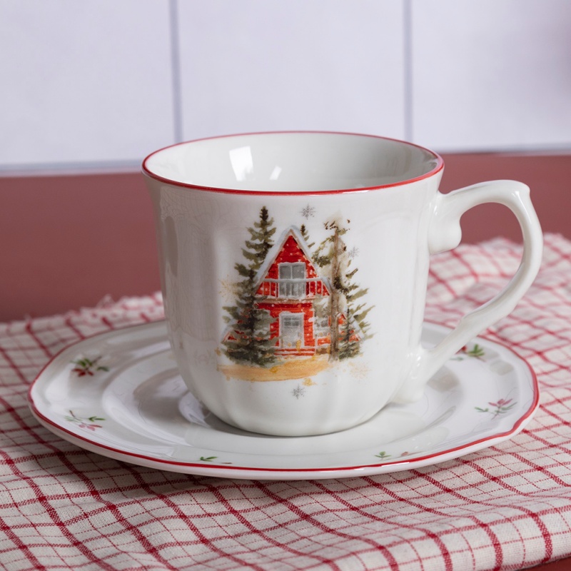 8oz White Porcelain Cup & Saucer Set with Flora Embossed Design, Decal, Colored Rim & Glazed Handle