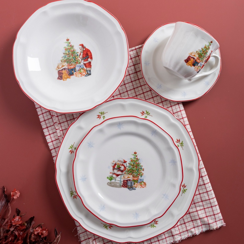 26.8cm White Porcelain Dinner Plate with Flora Embossed Design, Christmas Decal & Colored Rim