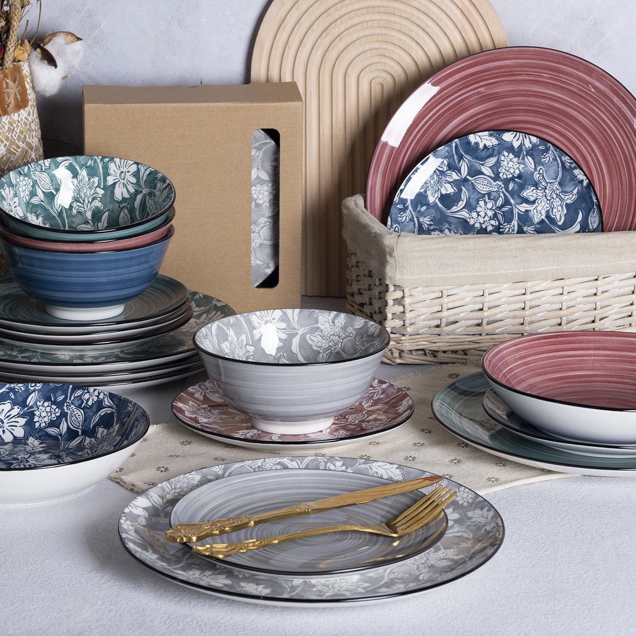 Happy Go Porcelain Tableware with Plant Printing Colorful Floral Dinnerware Set Embellish Dining