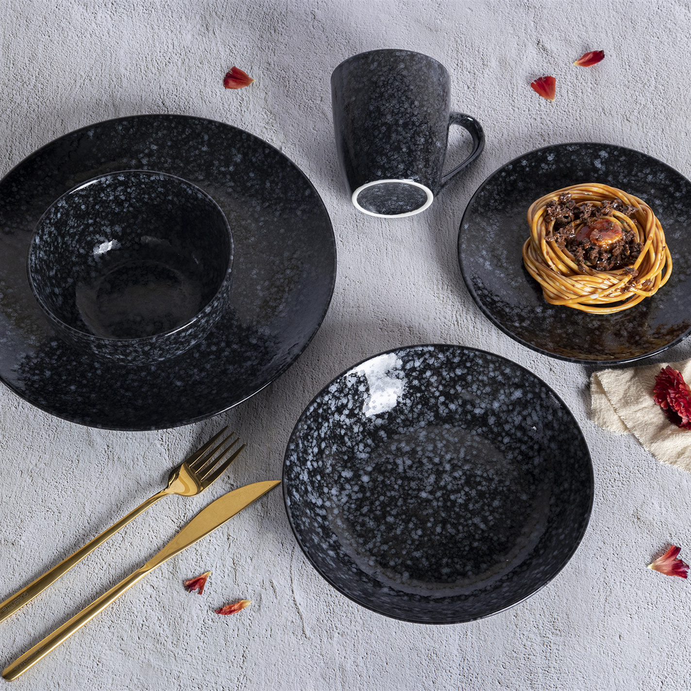 Happy Go White Porcelain Dinnerware & Tableware Set with Glossy Black Reactive Glaze