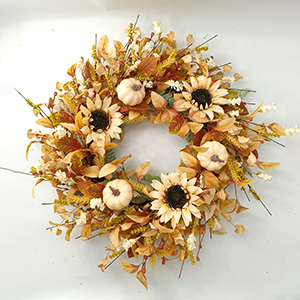 Wreath Decorated with Sunflowers, Pumpkins and Autumn Leaves