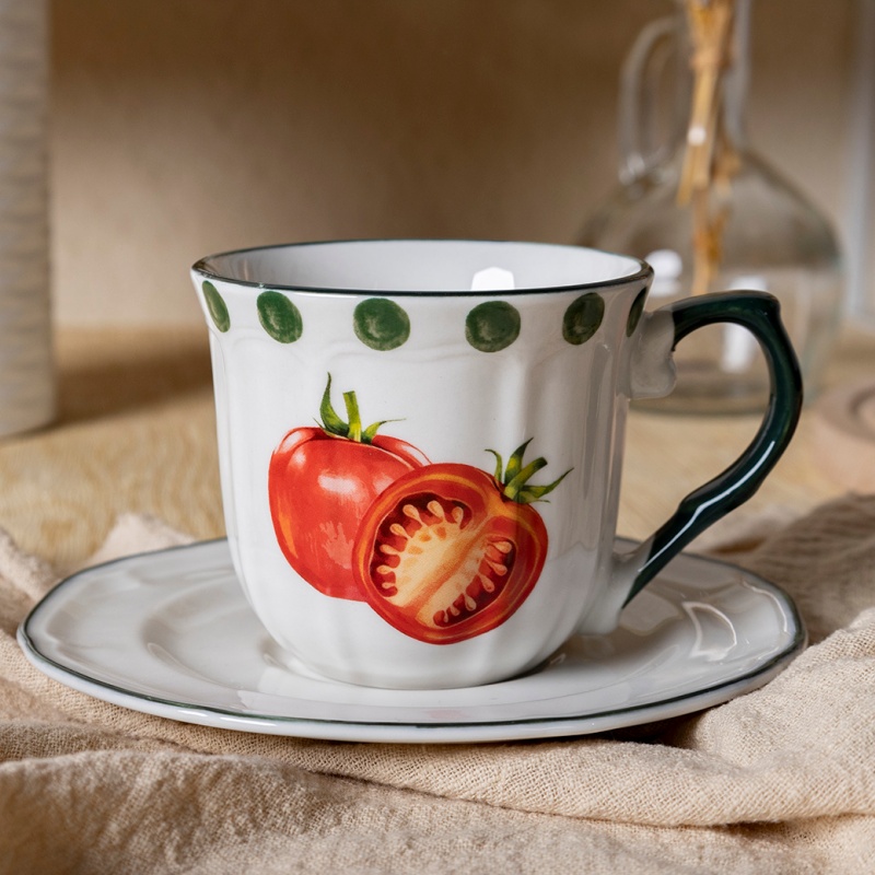 8oz White Porcelain Cup & Saucer Set with Flora Embossed Design, Decal, Colored Rim & Glazed Handle