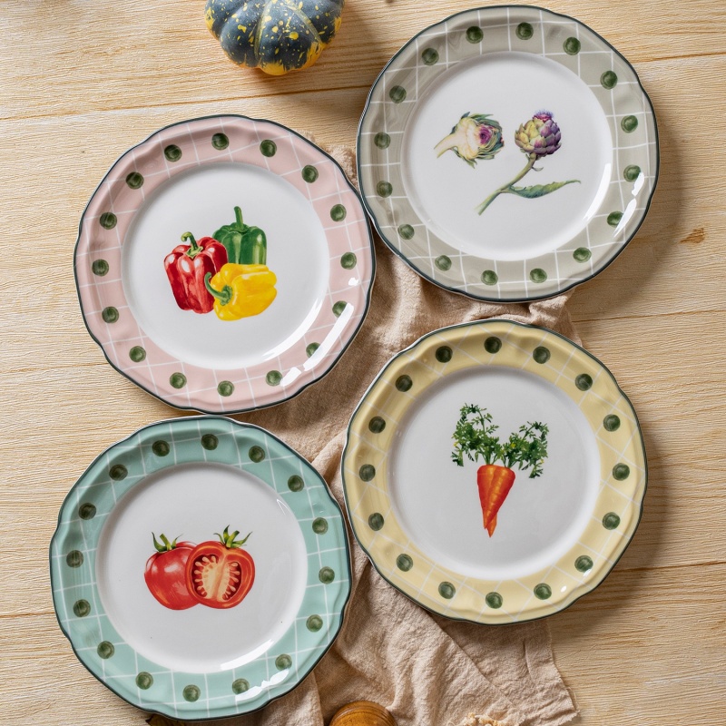 26.8cm White Porcelain Dinner Plate with Flora Embossed Design, Vegetable Decal & Healthy Theme