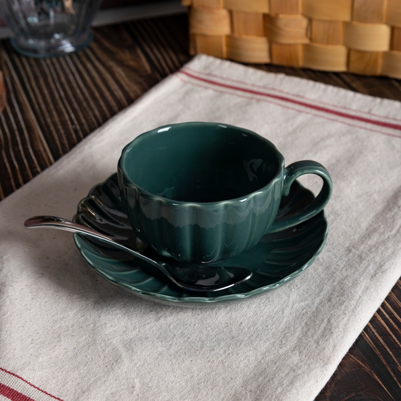 7.8oz White Porcelain Pumpkin Cup & Saucer Set with Embossed Design & Colored Glaze, Festive