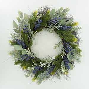 Christmas Wreath with Blue Berries and Pine Branches