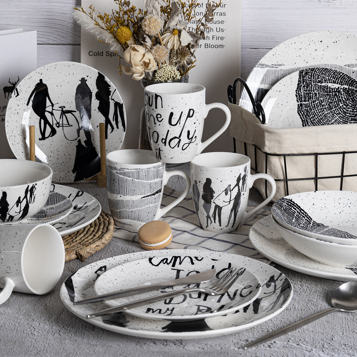 Happy Go White Porcelain 16/18-Piece Dinnerware Set with Floral/Character Prints