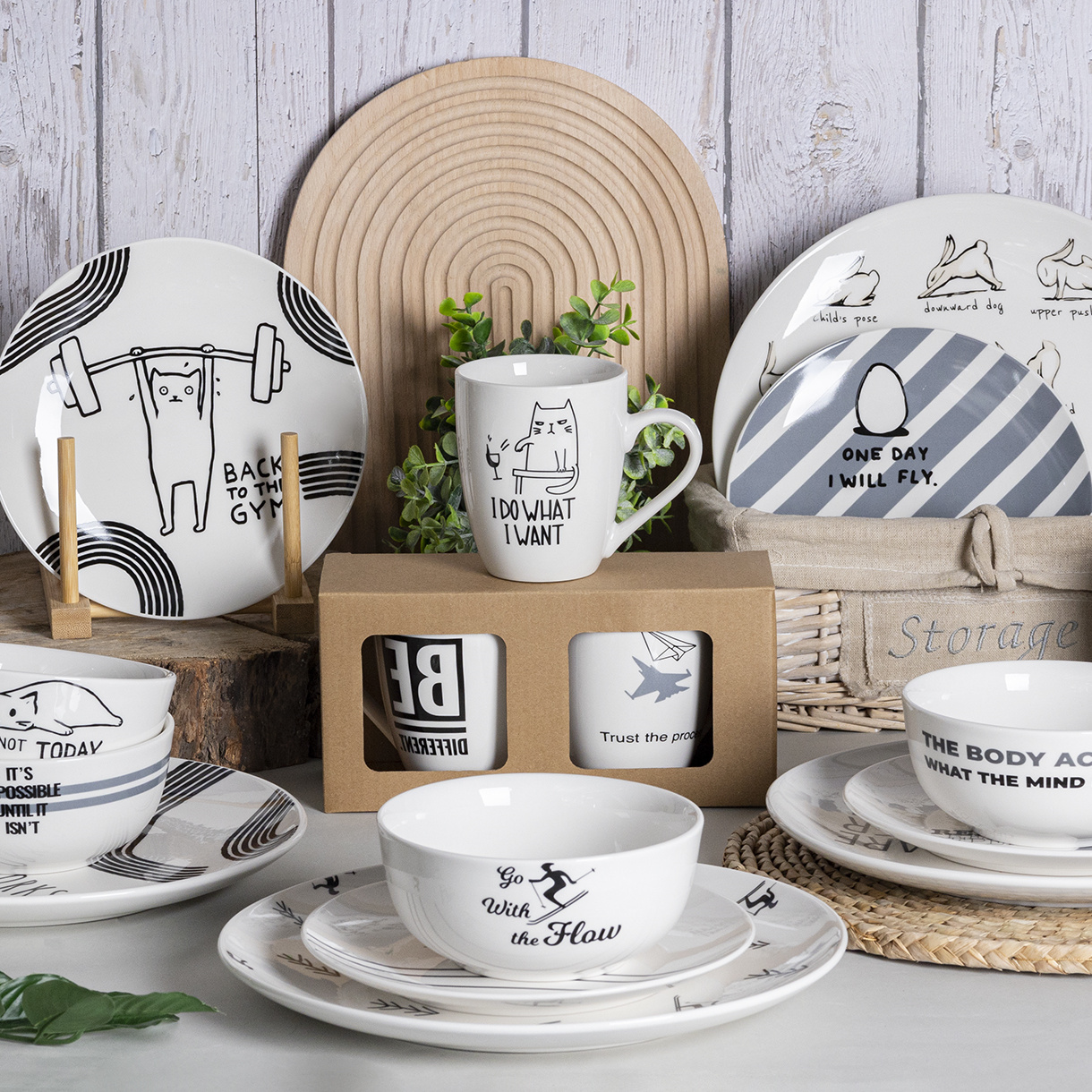 Happy Go White Porcelain Dinnerware & Tableware Set with Sports - Health Theme: Decal Craftsmanship