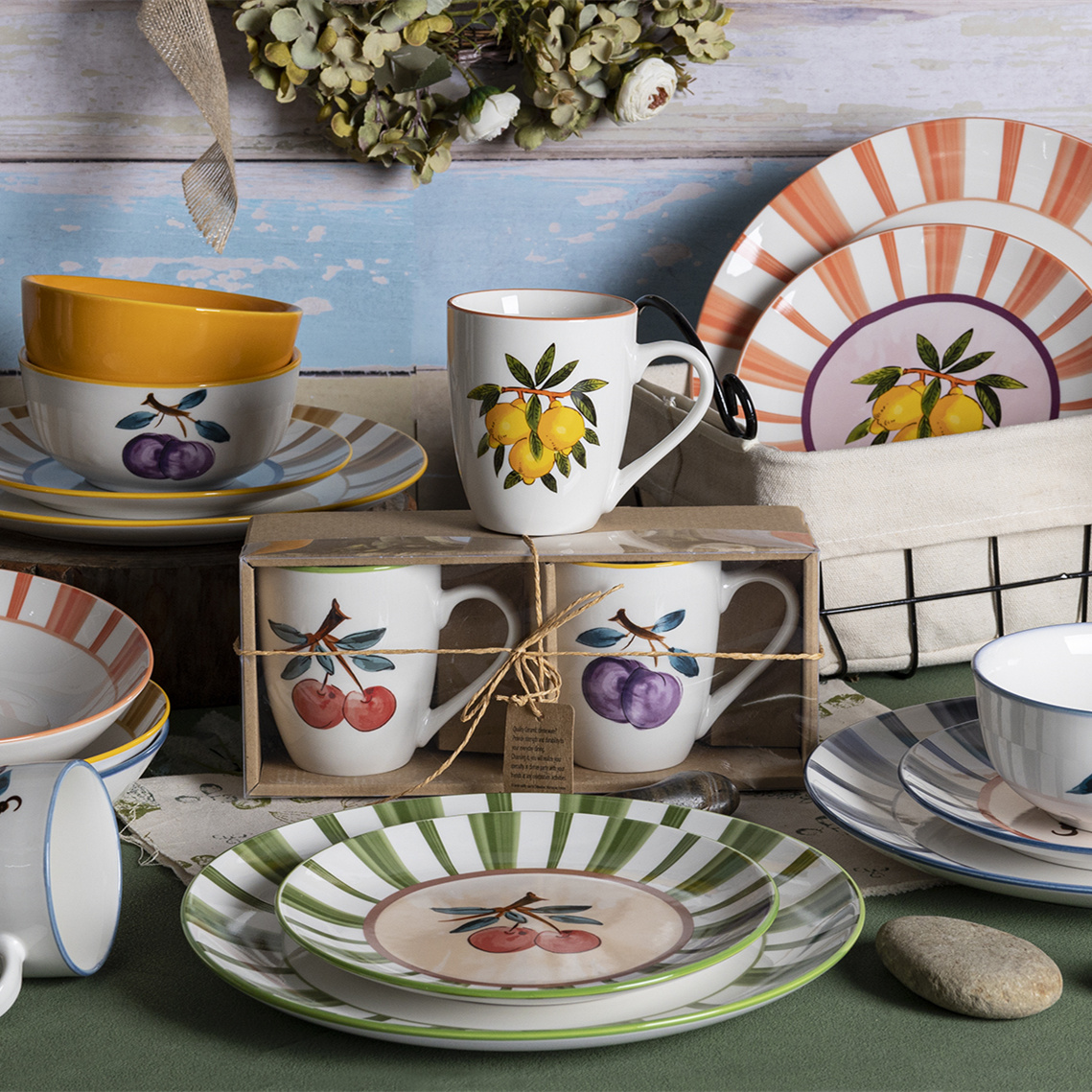 Happy Go Porcelain Dinnerware Set with Colorful Fruit Decal Designs Various Glaze Combinations