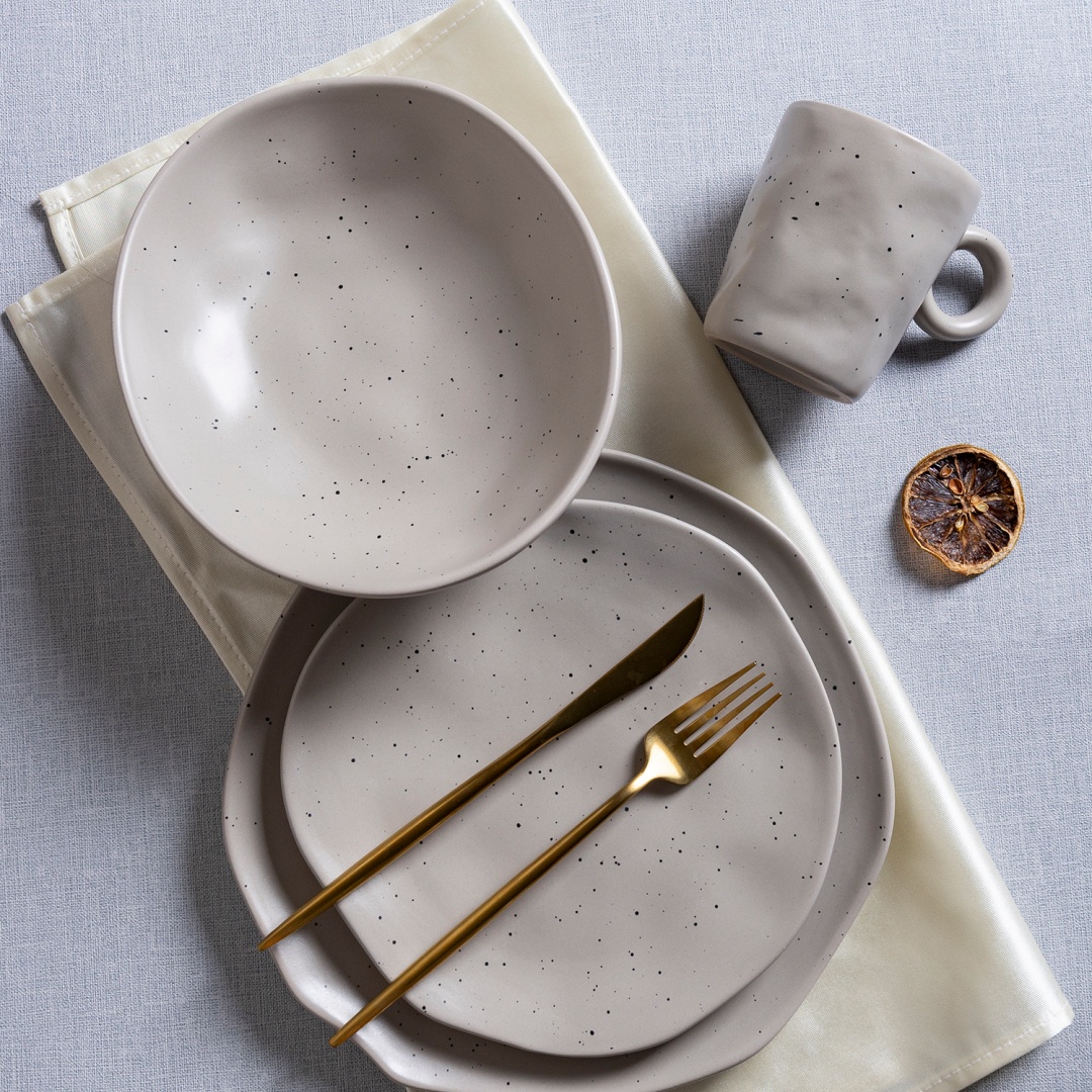 Concave and convex embossed special-shaped stoneware tableware set bowls, cups and plates