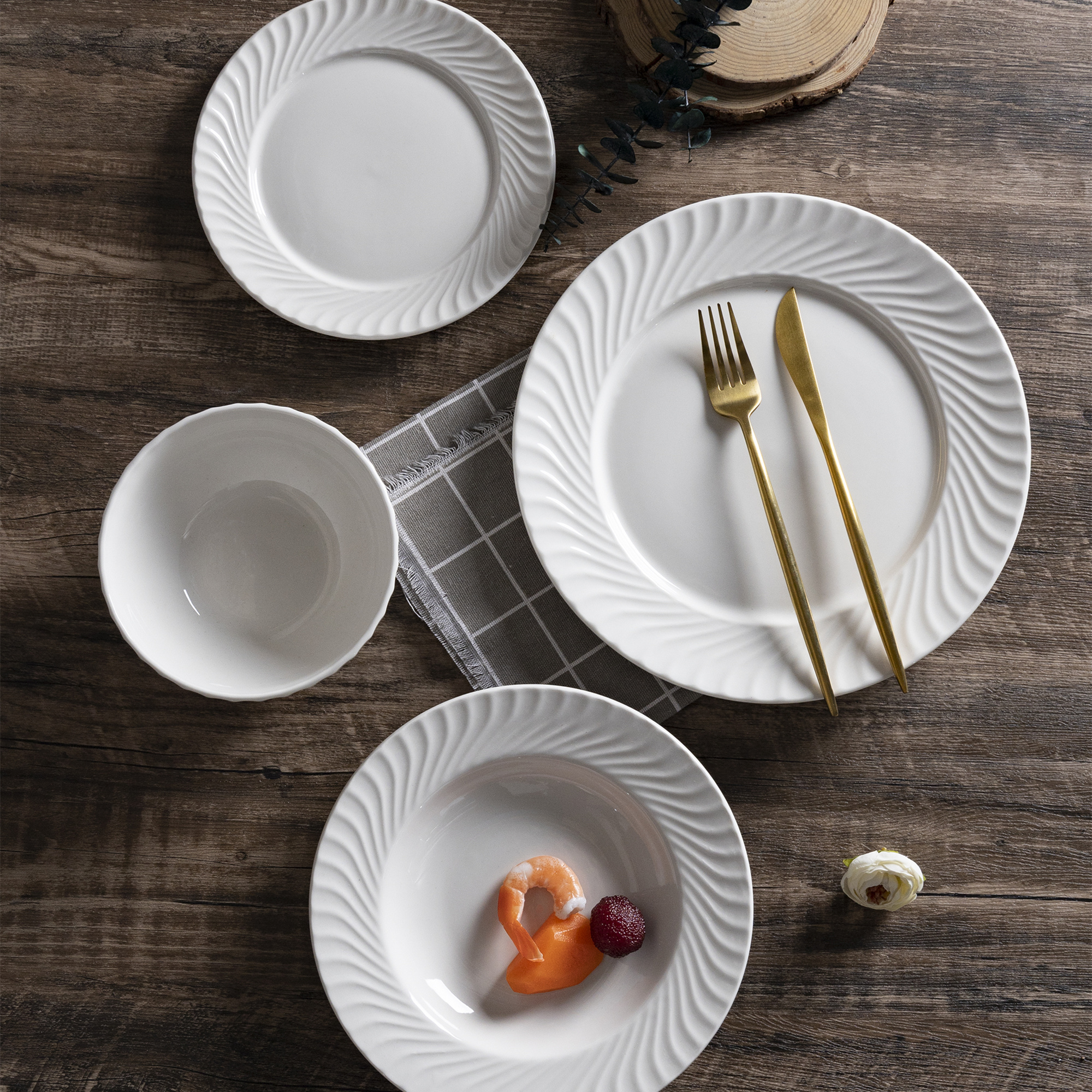 Happy Go White Porcelain Dinnerware & Tableware Set: Embossed Minimalist Design Elegant Dining