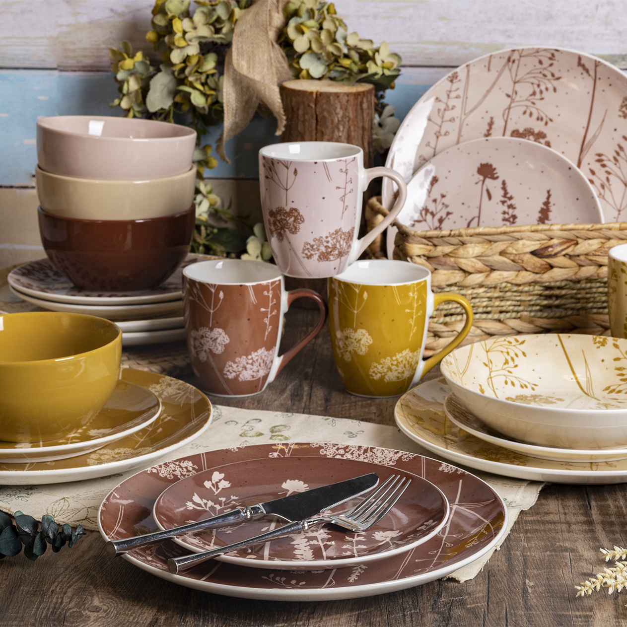 Happy Go White Porcelain Dinnerware & Tableware Set: Shaded Floral Prints with Colored Glaze