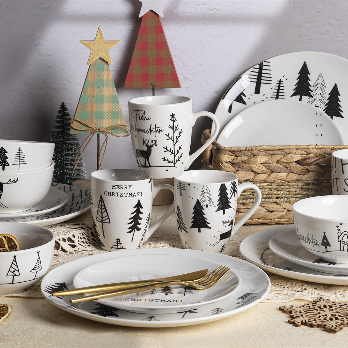 Happy Go Porcelain Tableware Dinner Set 16/18pcs Christmas - themed Decals with Reindeer Elements
