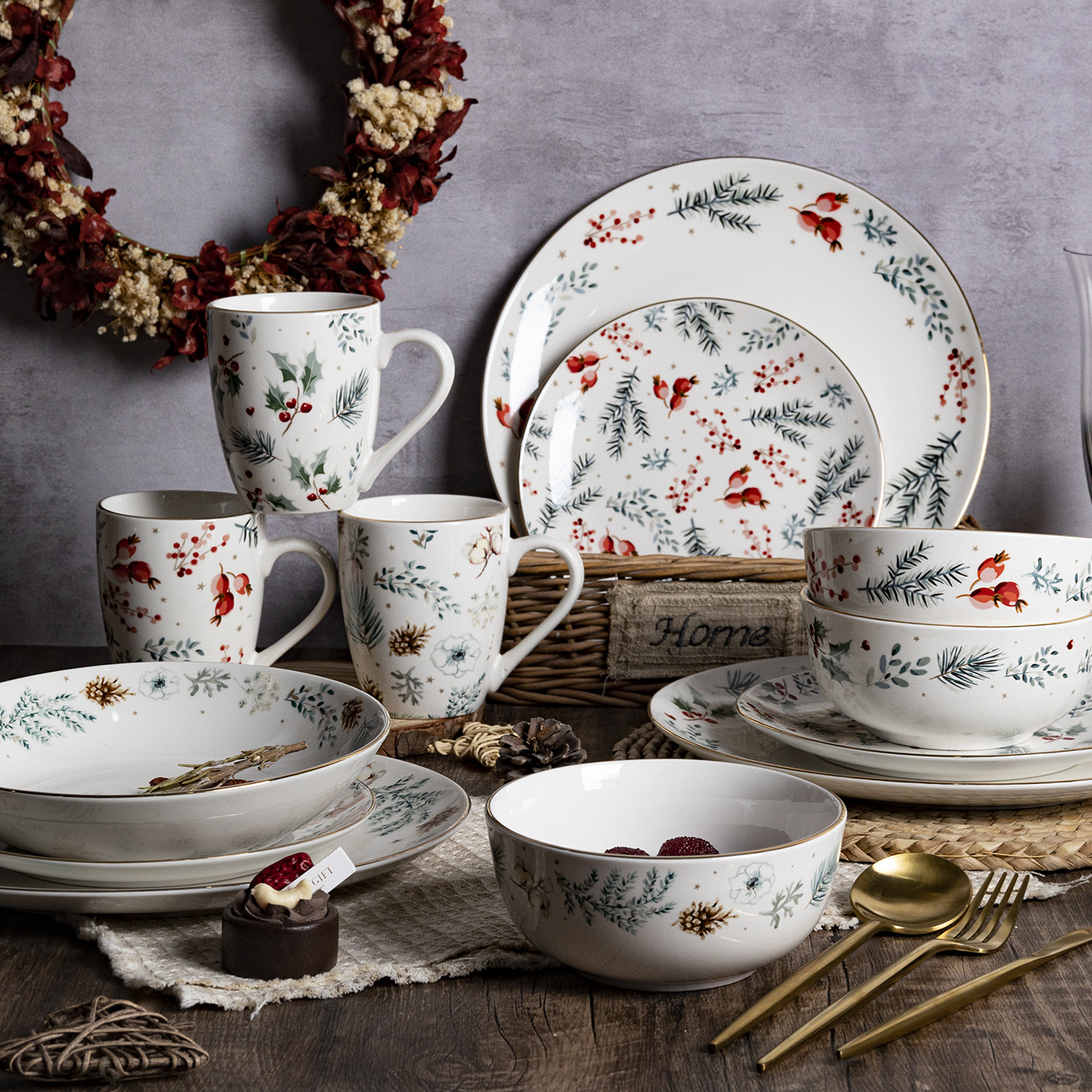 Happy Go White Porcelain Dinnerware & Tableware Set: Christmas - themed Decal Design with Gold Rim