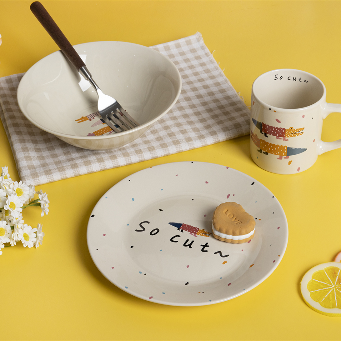 Happy Go White Porcelain Tableware Set 3: Children's Cartoon Decal Design, Color - box Packaging