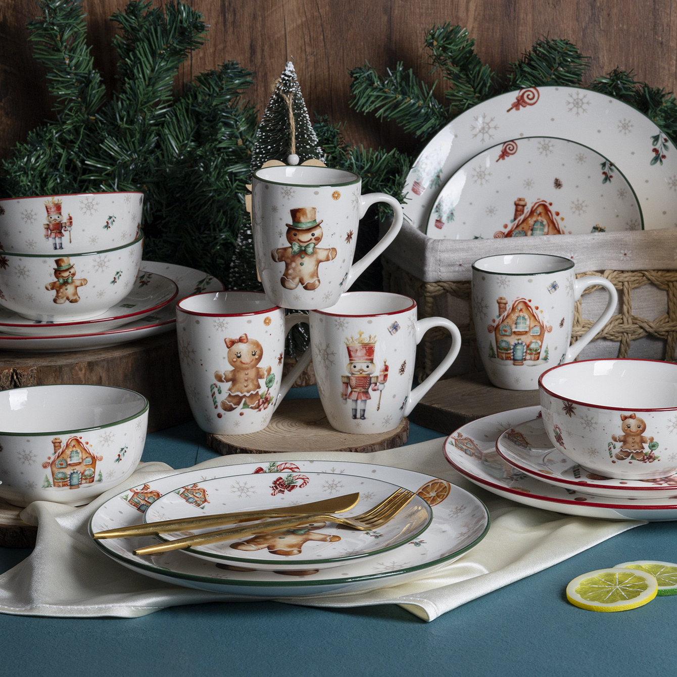 Happy Go Ceramic Porcelain Tableware Set Christmas Gingerbread Man and Nutcracker Decal Designs