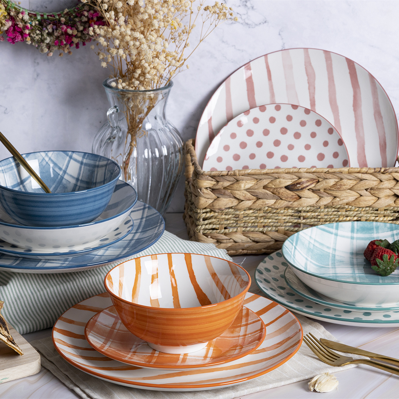 Happy Go Porcelain Dinnerware & Tableware Set with design of Stripes, Checks and Dotted Print