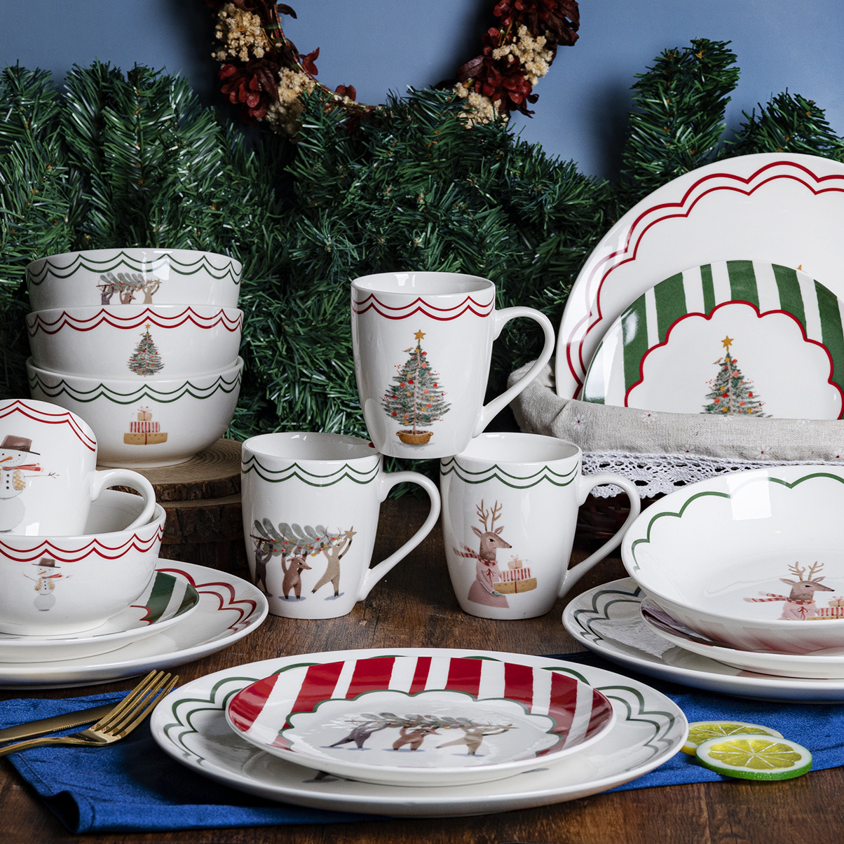 Happy Go Porcelain Ceramic Dinnerware & Tableware Set Christmas Reindeer & Tree Decal Designs