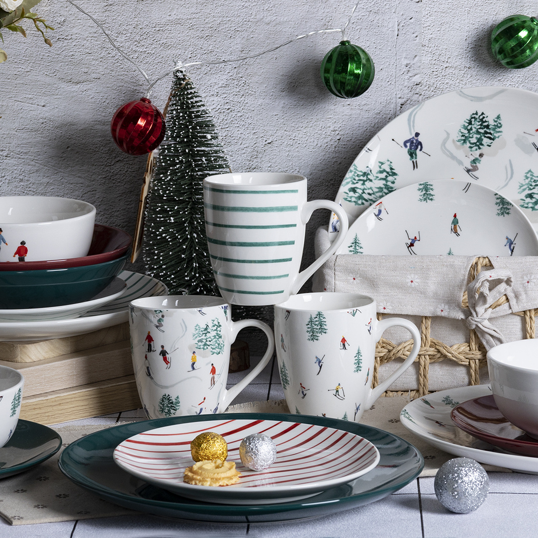 Happy Go Porcelain Ceramic Dinnerware & Tableware Set: Christmas Skiing and Snowman Decal Designs