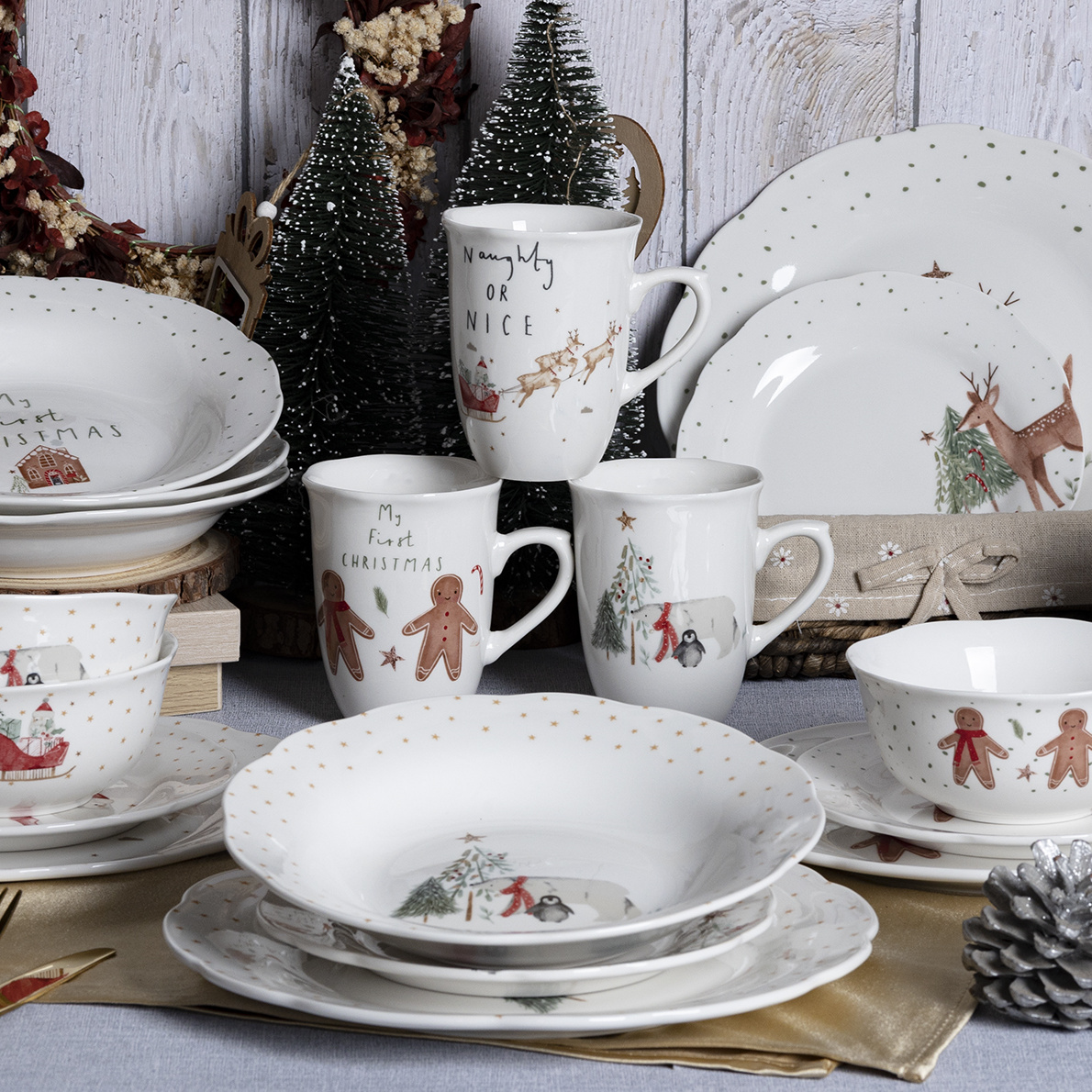 Happy Go White Porcelain Dinnerware & Tableware Set: Exquisite Christmas Decal Design