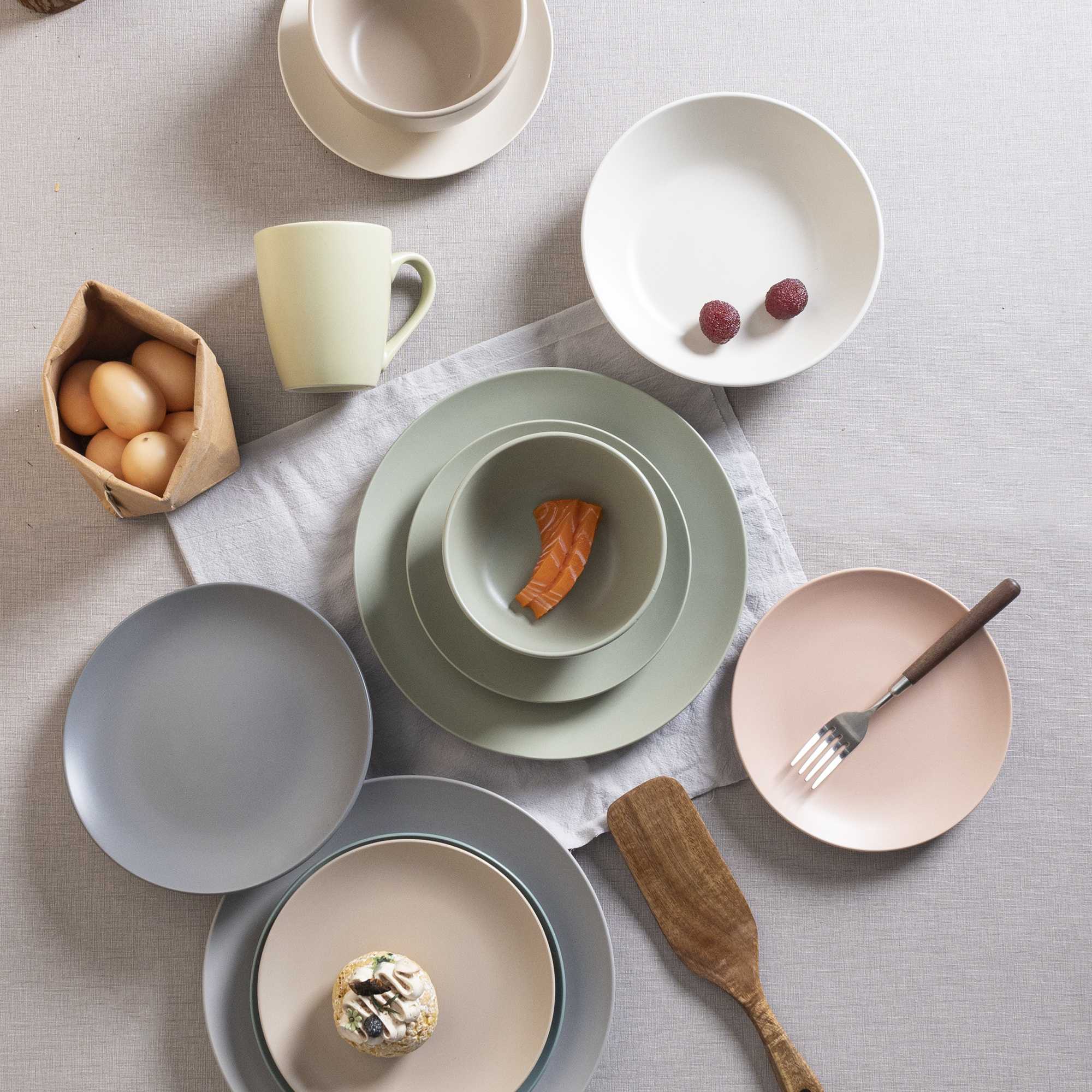 Happy Go Porcelain Dinnerware & Tableware Set Suitable Spring - Summer with matte Colored Glaze