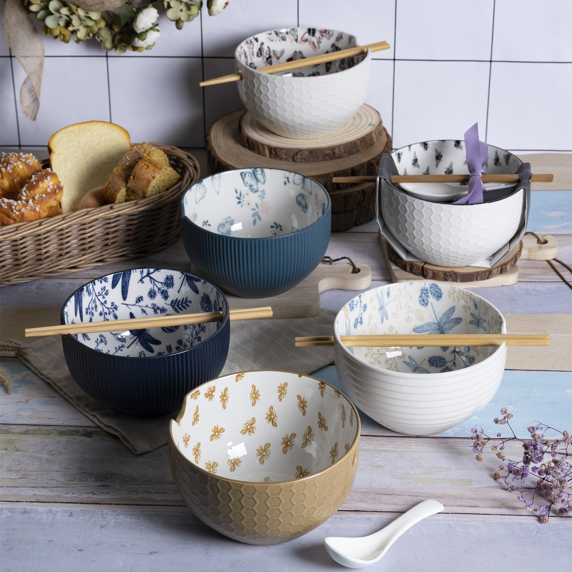 Happy Go Multicolor Embossed Noodle Bowl with Insect Print Design Ceramic Bowl with Chopstick Rest