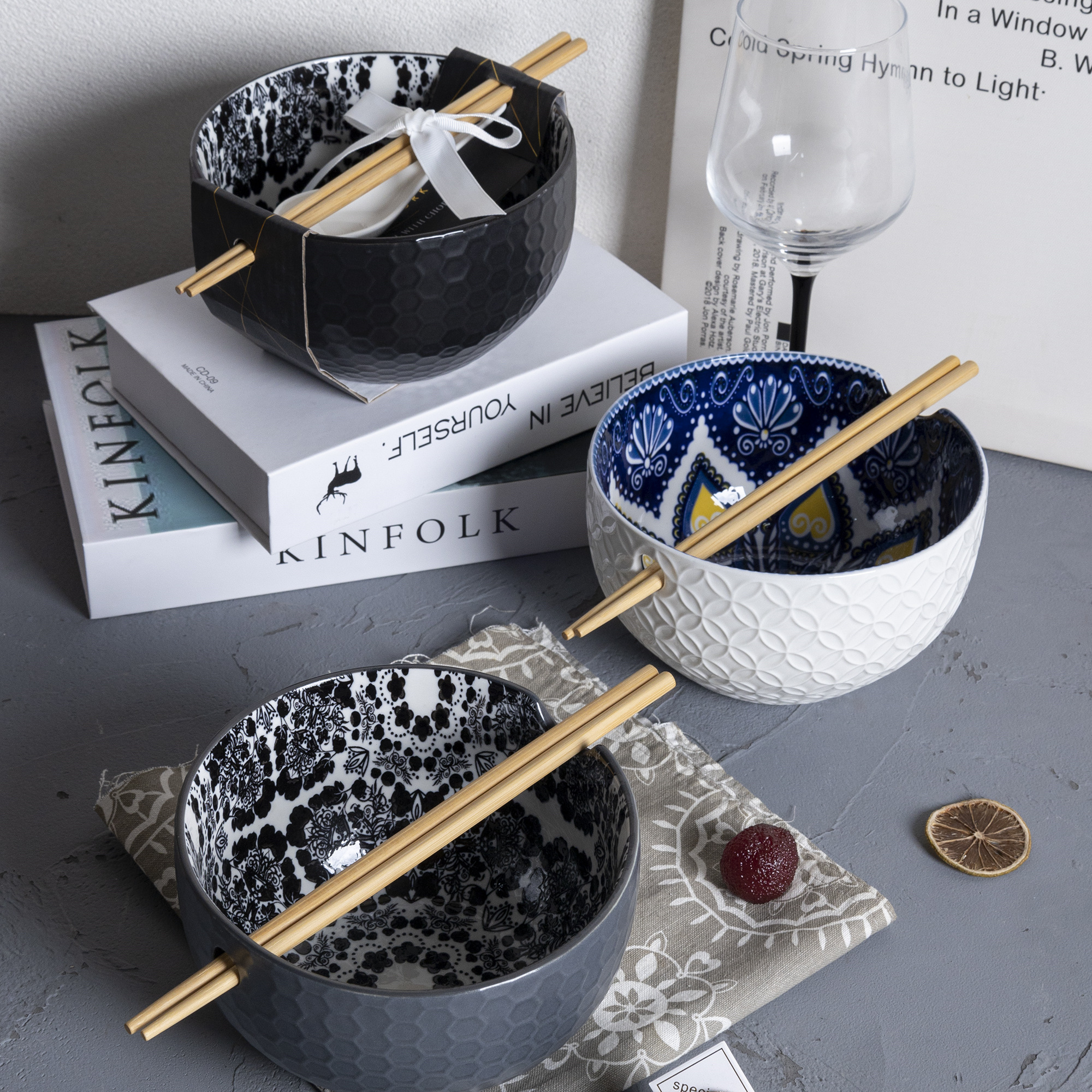 Happy Go Tableware Ceramic Porcelain Noodle Bowl Mandala Print Design with Practical Chopstick Rack