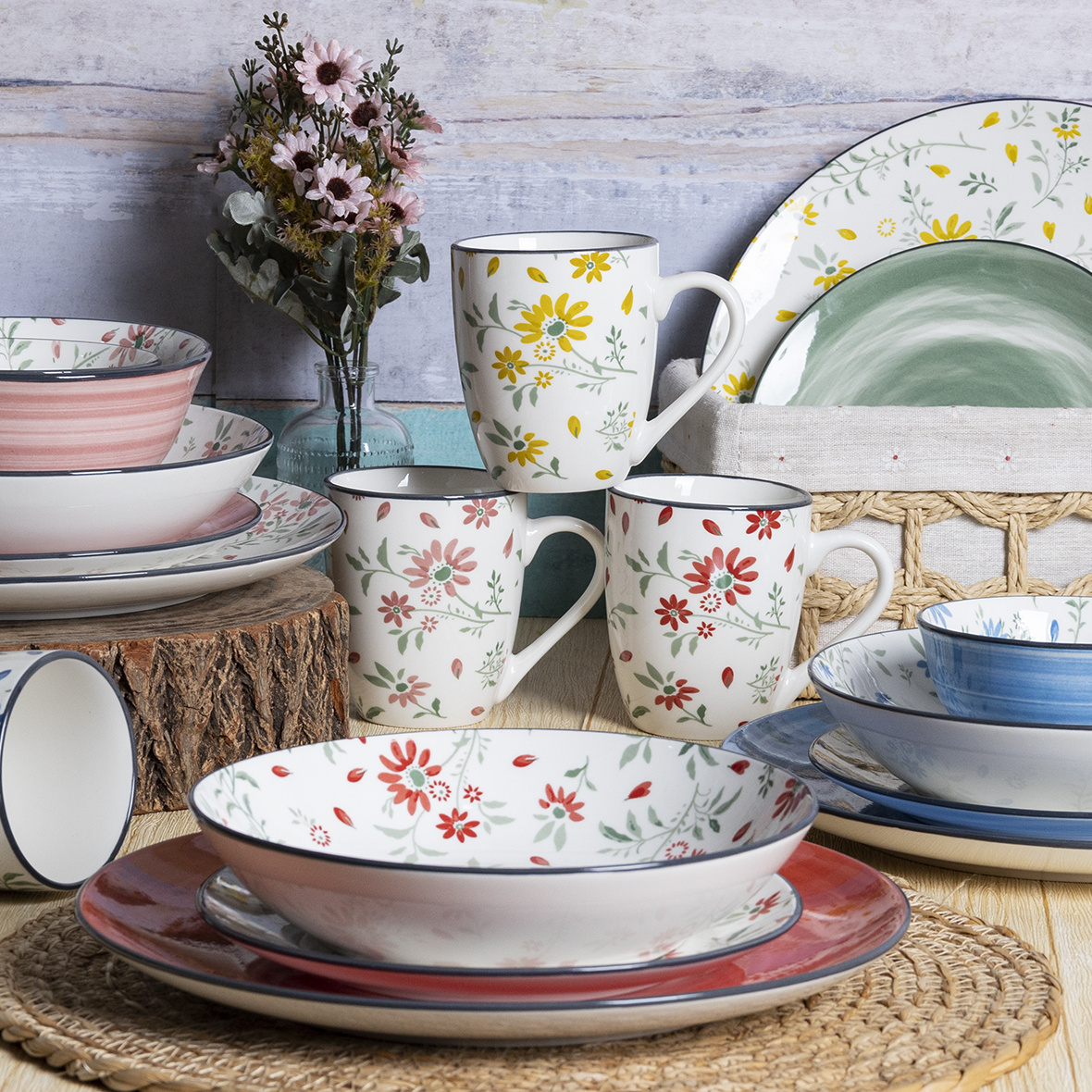Happy Go White Porcelain Ceramic Dinnerware Set: Imitation Hand - painted Floral Printing