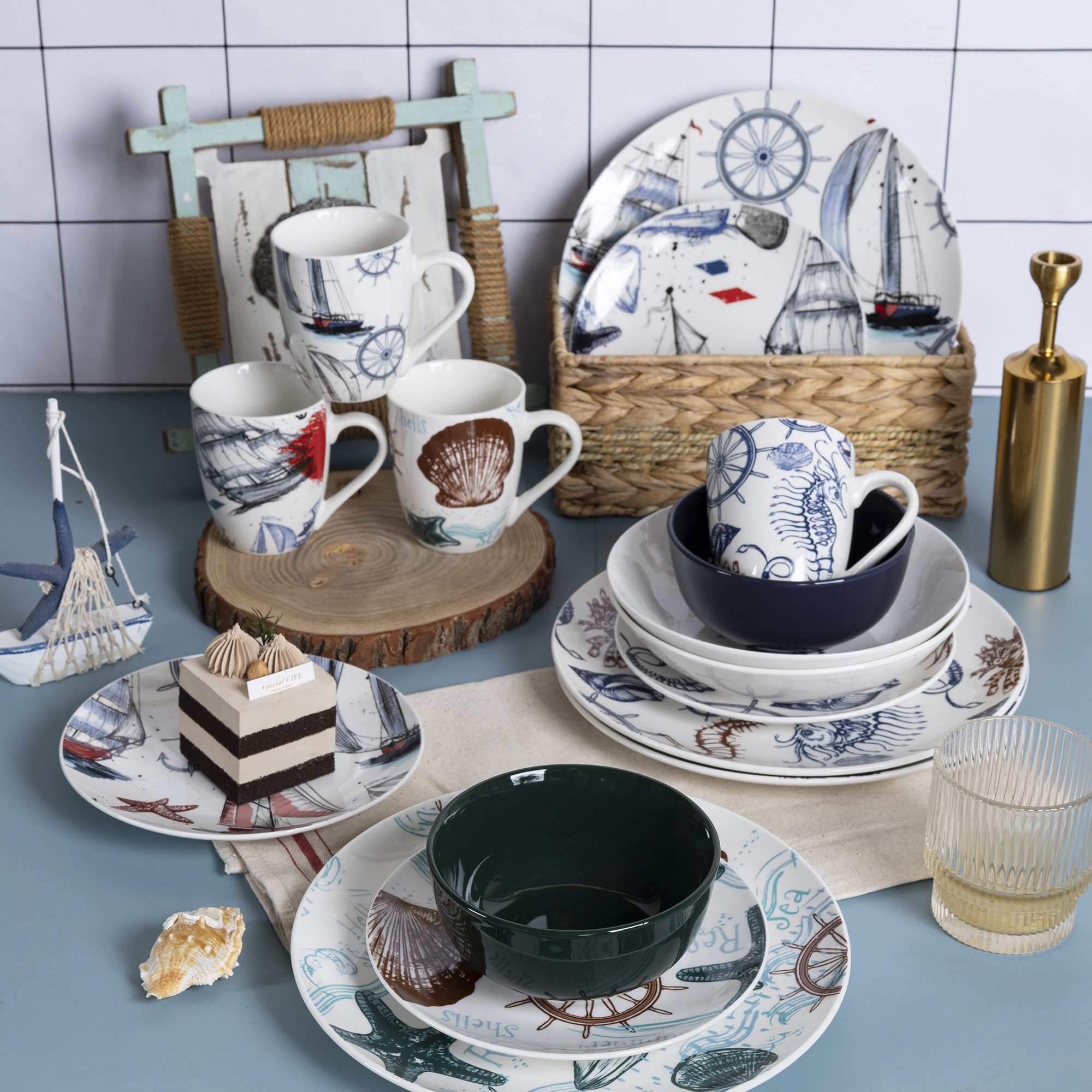 Happy Go Ocean Series Porcelain Ceramic Set Seaside Element Decal Design 16pcs Tableware Optional