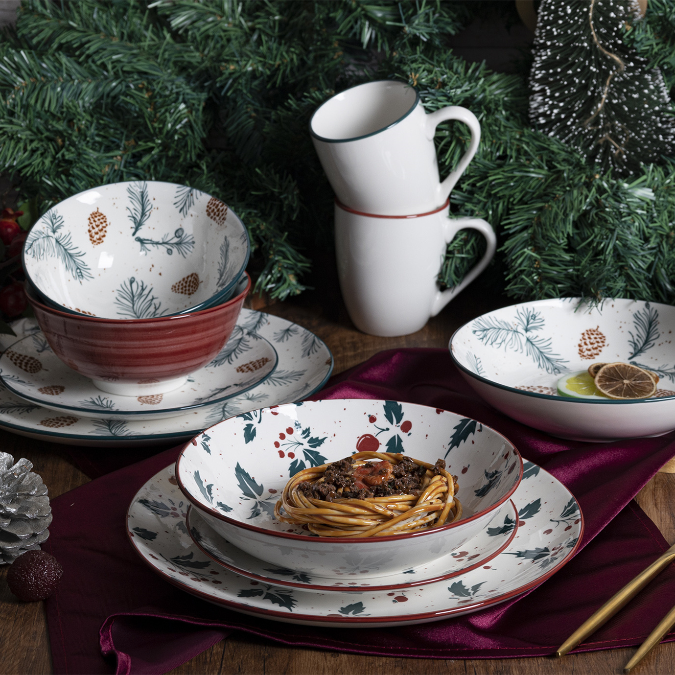 Happy Go White Porcelain Dinnerware & Tableware Set: Christmas - themed Pine Cone Decal Design