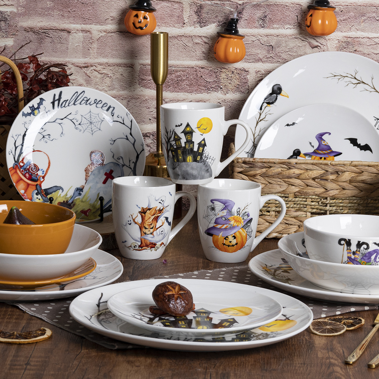 Happy Go White Porcelain Ceramic Dinnerware&Tableware Set Halloween themed decal with colored glaze