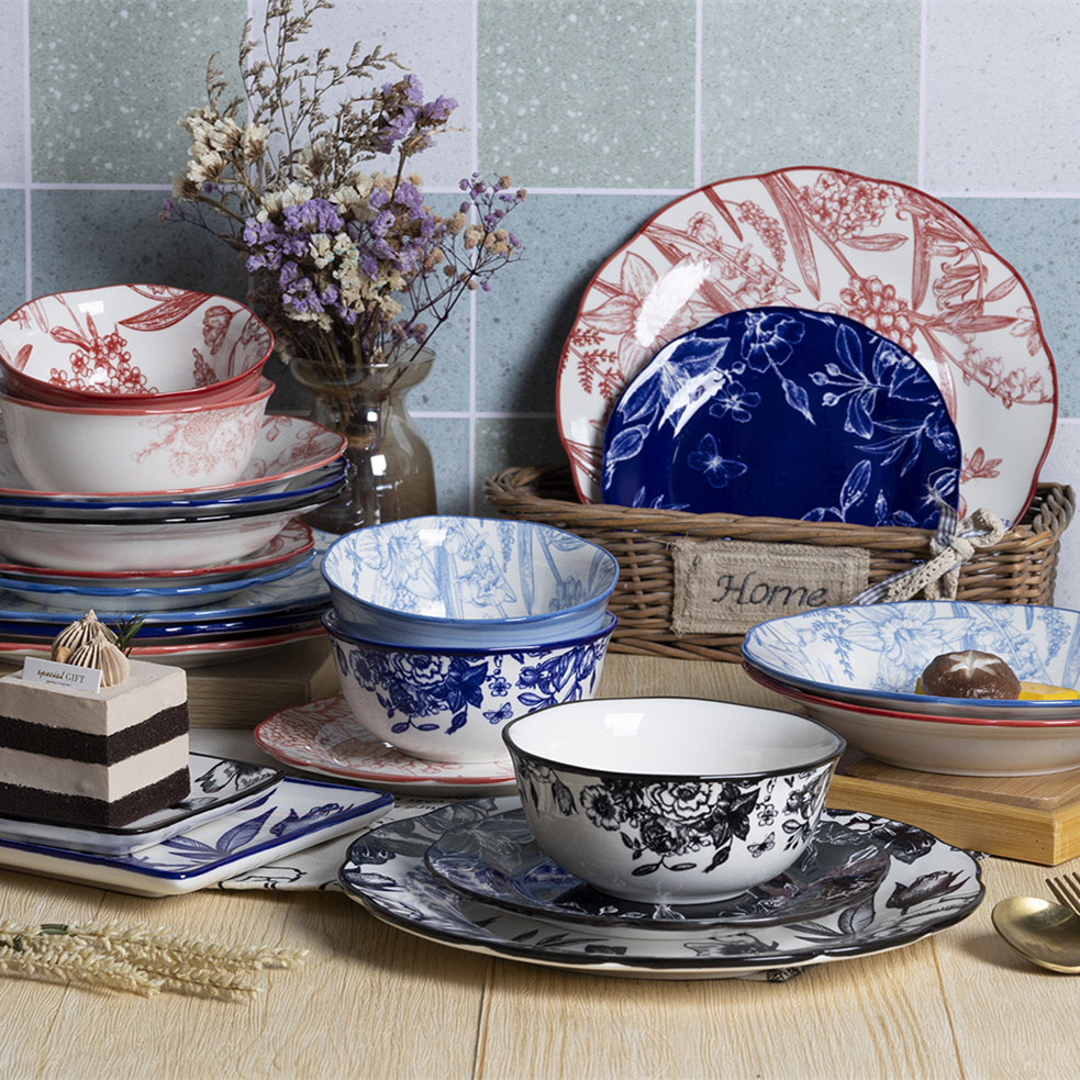 Happy Go White Porcelain Ceramic Tableware: Natural series print combined with colored - edge design