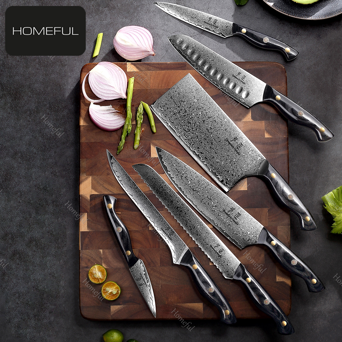 Five-piece Damascus steel kitchen knife set
