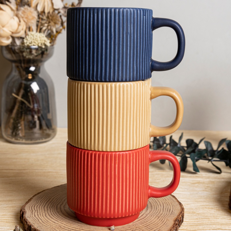 180ML Ribbed Embossed Ceramic Tea Mug with Frosted Glaze, Nordic Style Cup for Office & Home