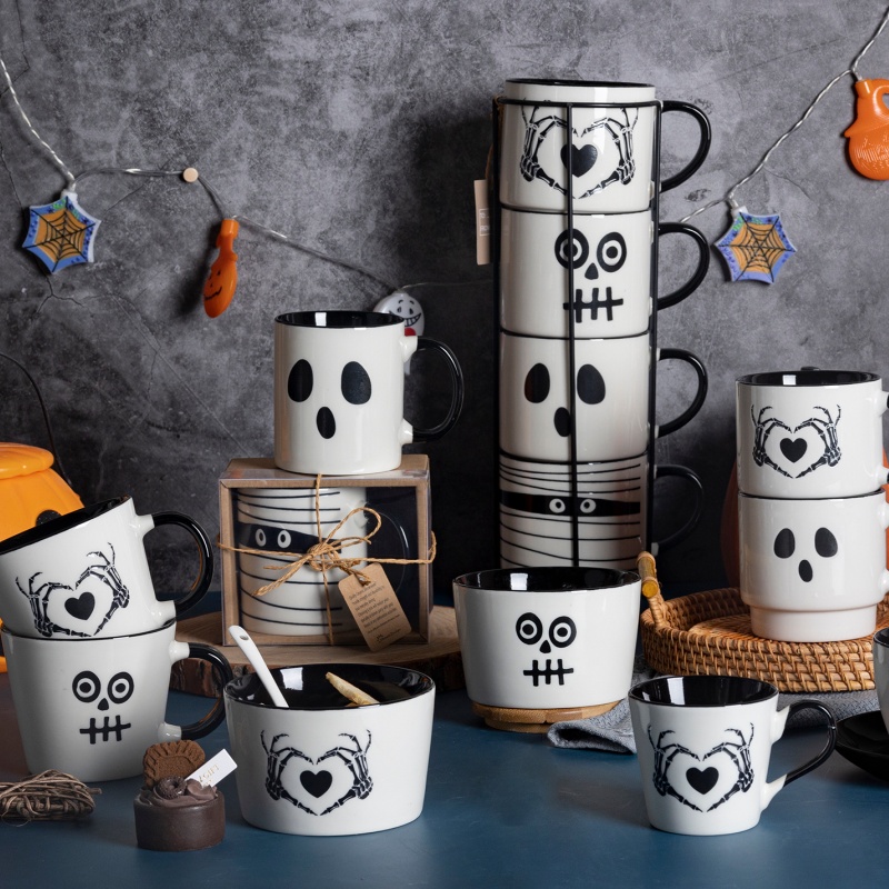 Halloween Skull Ceramic Mug with Ghost Face Design, Black & White Coffee Cup for Home & Party