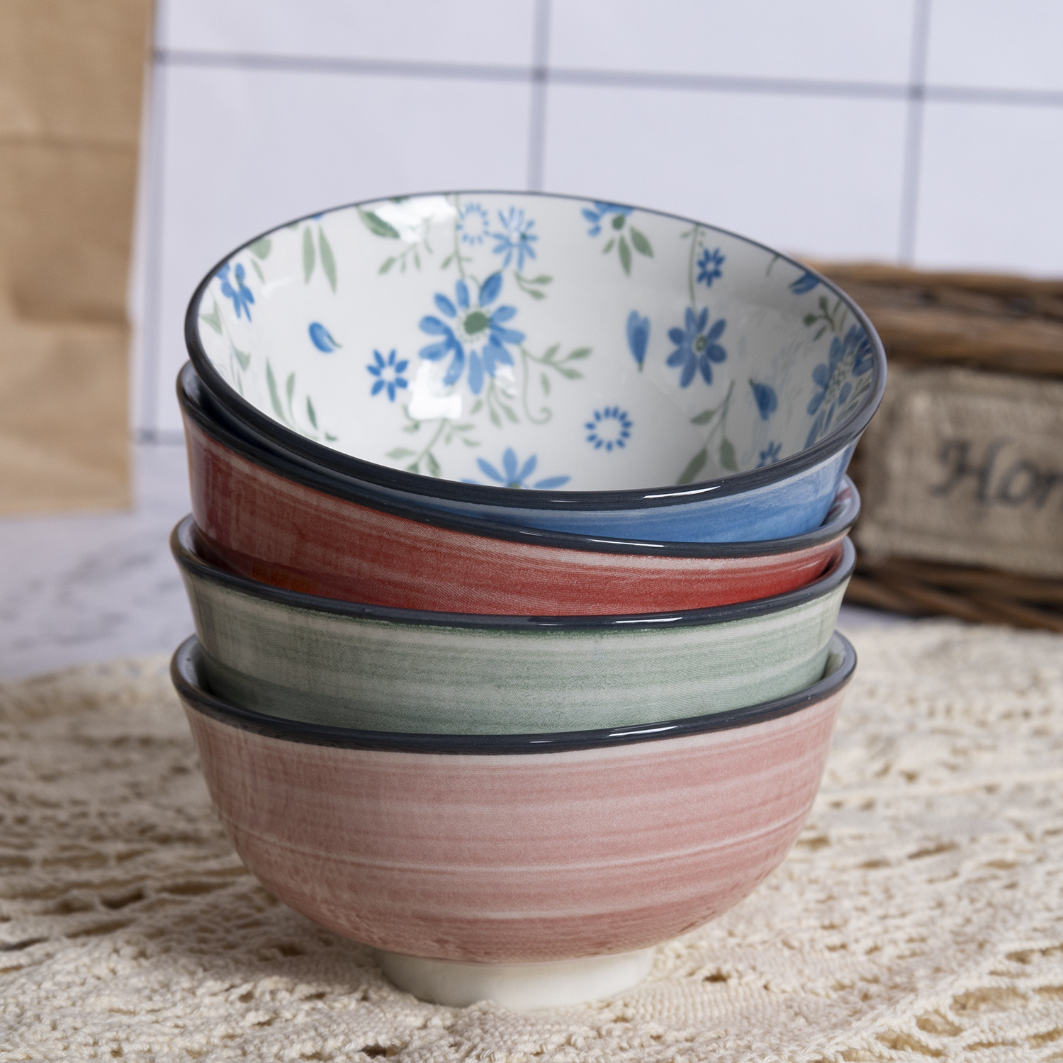 Happy Go 15.5CM / 11.5CM ( 613ML / 274ML) BOWL WITH PAD PRINTING AND COLOR RIM