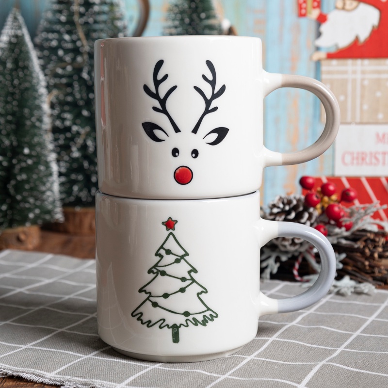 13.5OZ Nordic Style Reindeer Stackable Coffee Mug, Christmas Themed Cup for Home, Café & Gift Shop