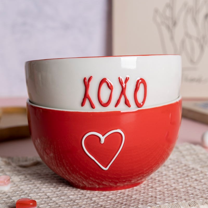 11cm Ceramic Cone Bowl with Embossed Heart Design, Valentine’s Theme Cereal & Dessert Bowl