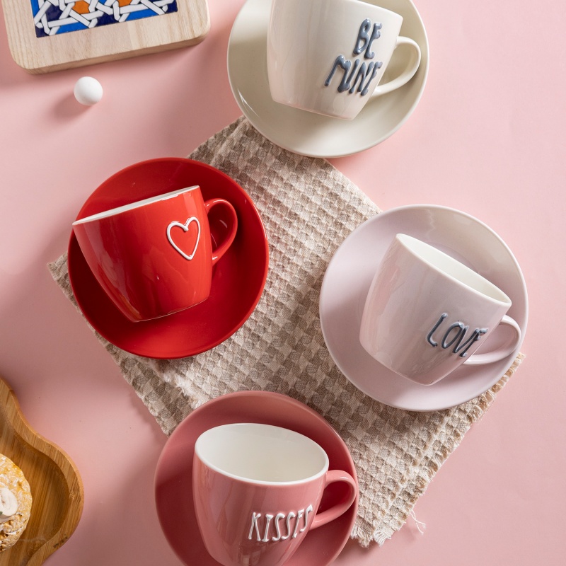 7oz Espresso Cup & Saucer Set with Valentine’s Heart Design, Ceramic Coffee Set for Gift & Café