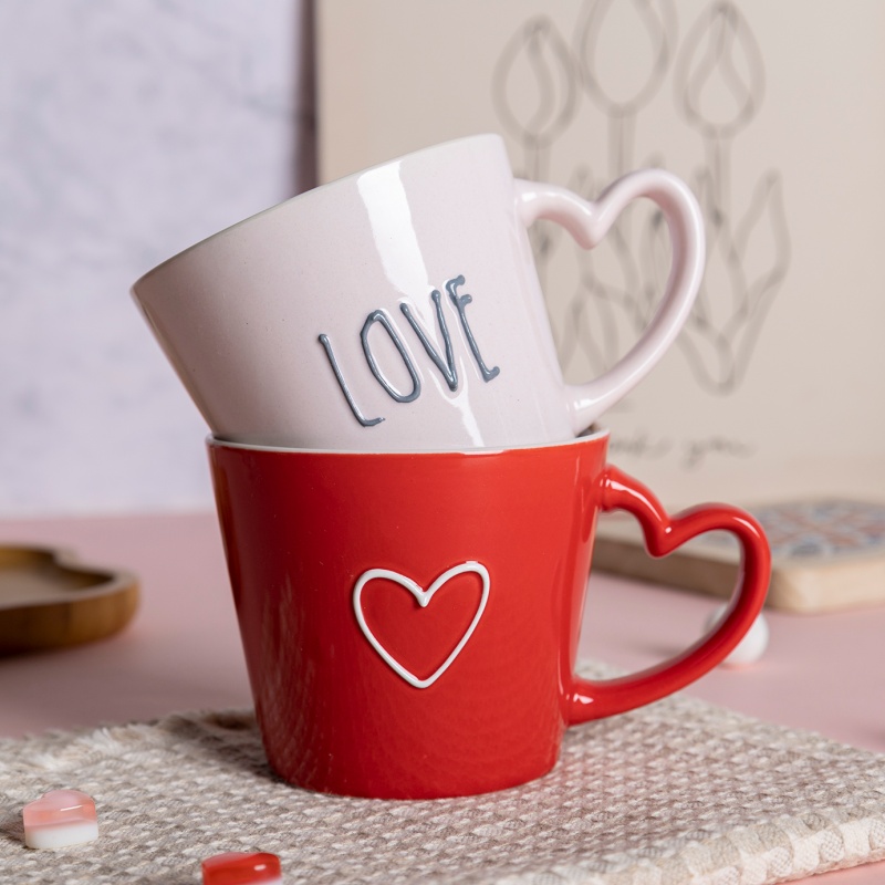 11oz Ceramic Cone Mug with Heart Handle & Valentine’s Design, Romantic Coffee Cup for Gift & Home