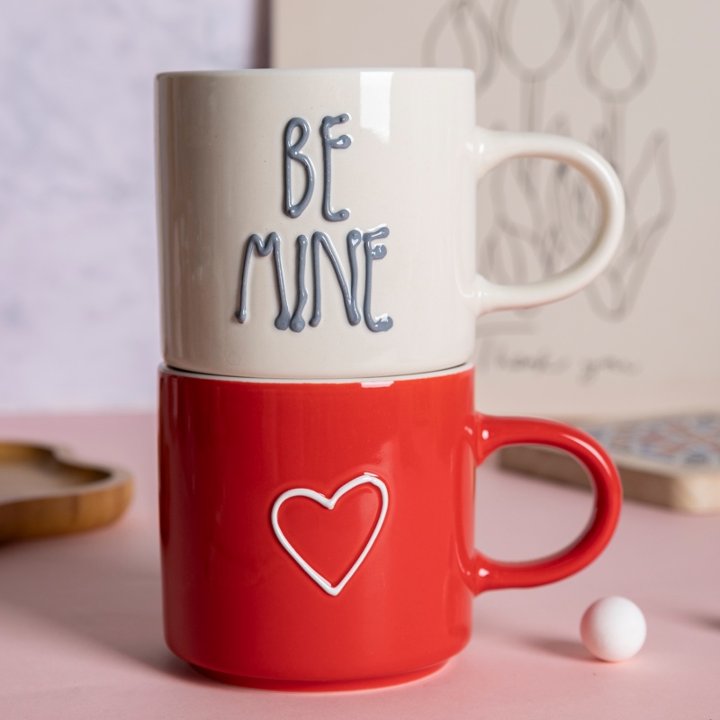 13.5oz Stackable Ceramic Mug with Embossed Heart Pattern, Valentine’s Themed Gift Coffee Cup