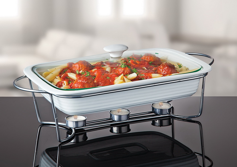 White Porcelain Bakeware Set on Stand Food Warmer Rectangle Oven Baking Casseroles for Hotels