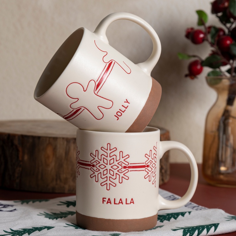 12oz Straight Ceramic Mug with Red Line Christmas Design & Makeup Clay Base, Festive Drinkware