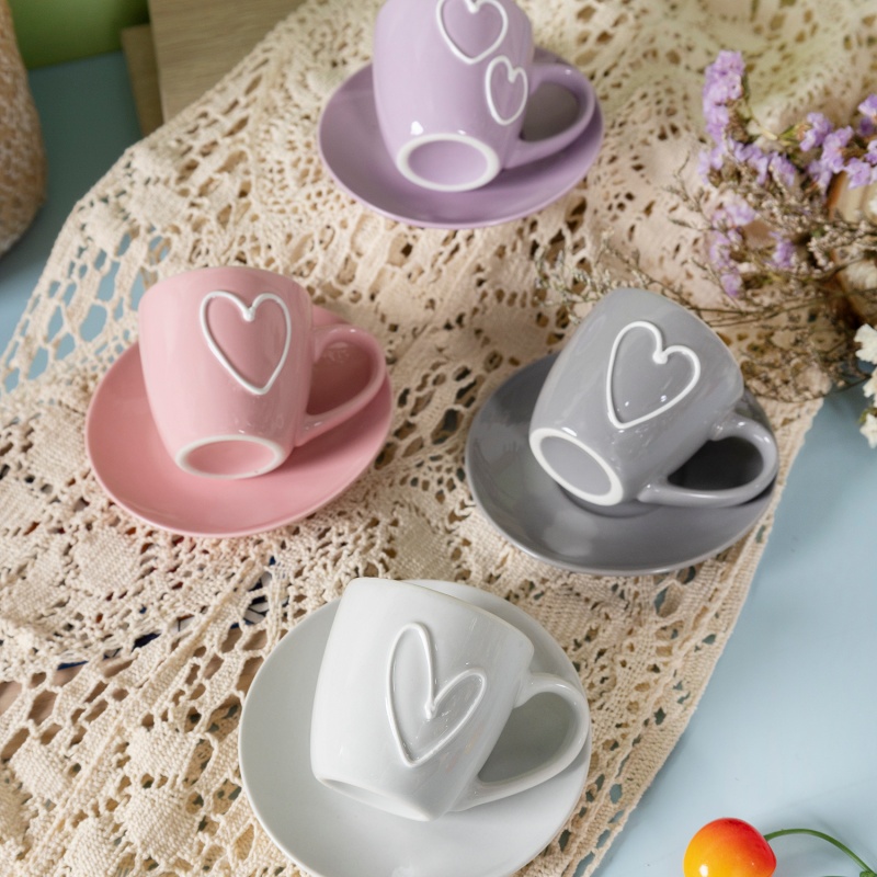 3oz Espresso Cup & Saucer Set with Embossed Heart Design & Colored Glaze, Romantic Gift Tableware