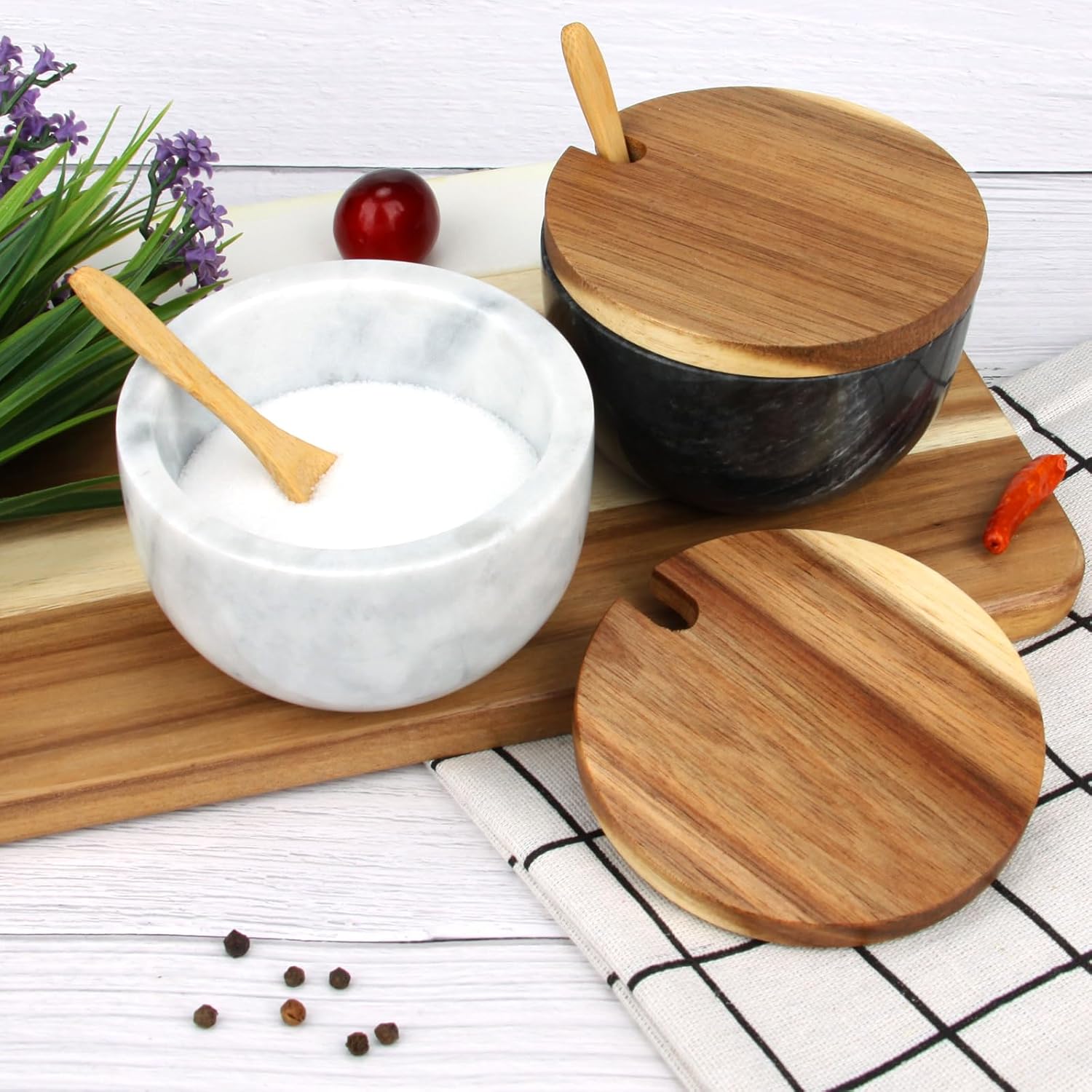 Marble Salt Cellar Box with Wood Lid & Spoon, marble craft