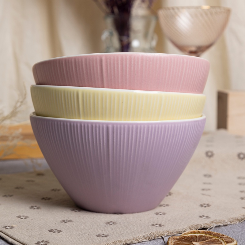 14.7cm Embossed Stripe Ceramic Bowl with Candy Color Glaze, Cereal & Dessert Bowl for Home & Café