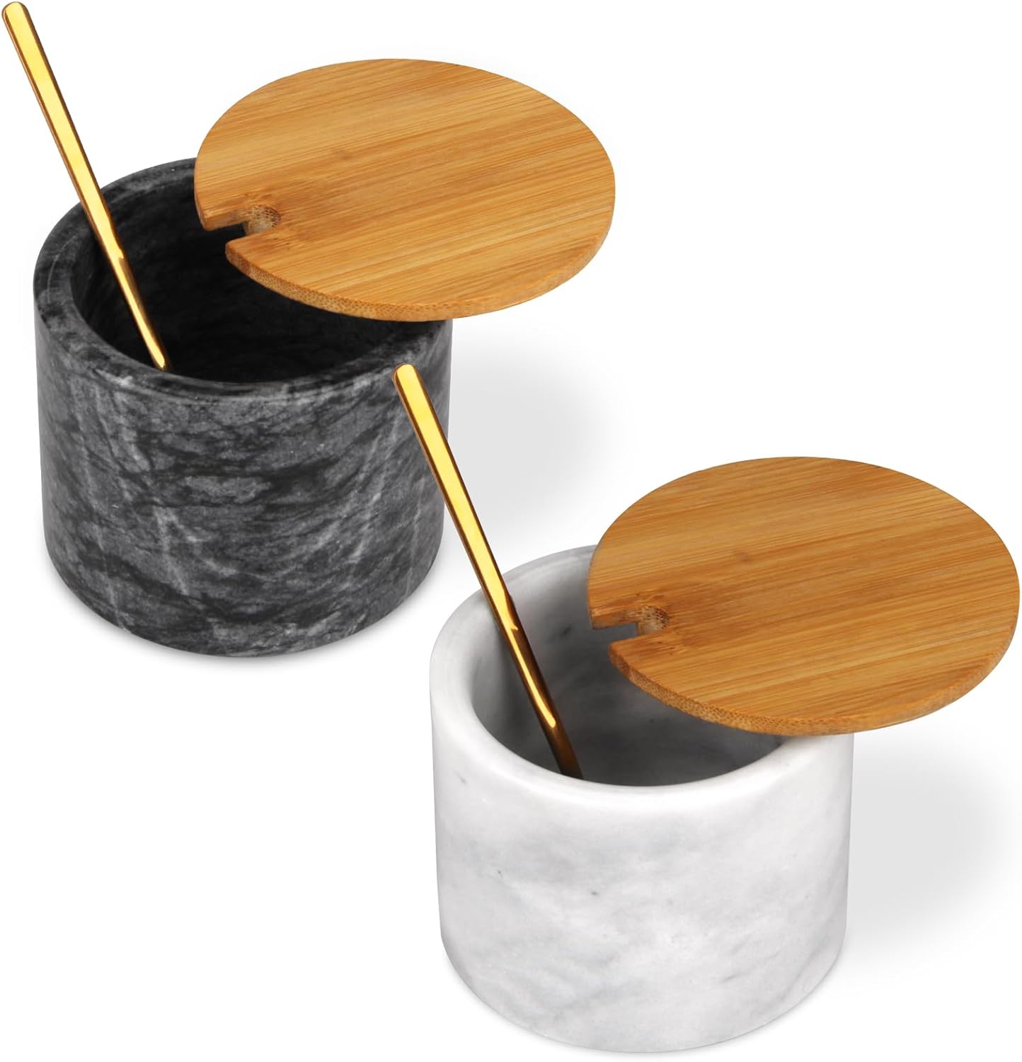 Marble Salt Cellar Box with Bamboo Lid & Metal Spoon, Stone Salt Pepper container jar marble craft