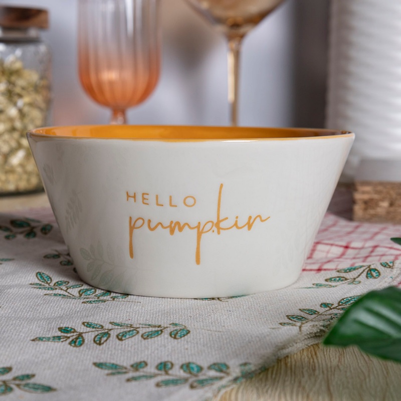 14cm Ceramic Cone Bowl with Pumpkin Design & “Hello Fall” Print, Autumn Cereal & Dessert Bowl