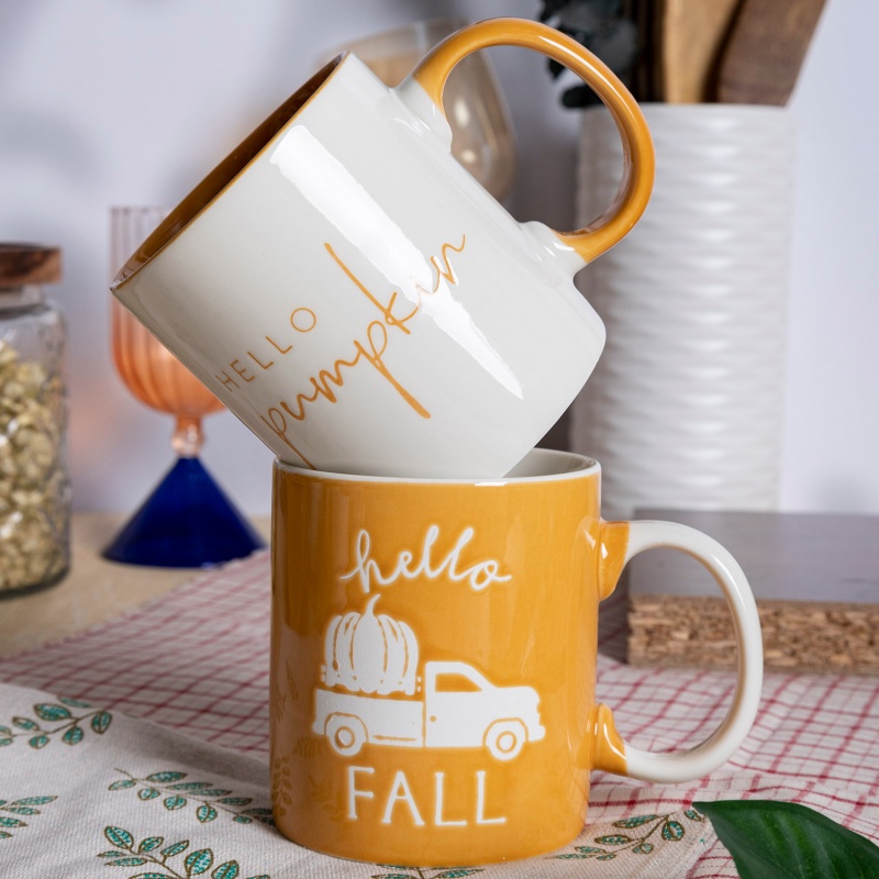 12oz Straight Ceramic Mug with Pumpkin Design & “Hello Pumpkin” Print, Fall Themed Coffee Cup