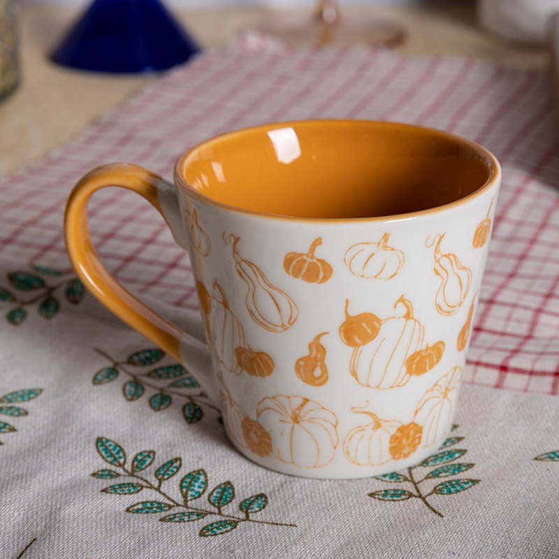 7oz Small Cone Ceramic Mug with Pumpkin & “Hello Pumpkin” Print, Fall Tea Cup for Gift & Home