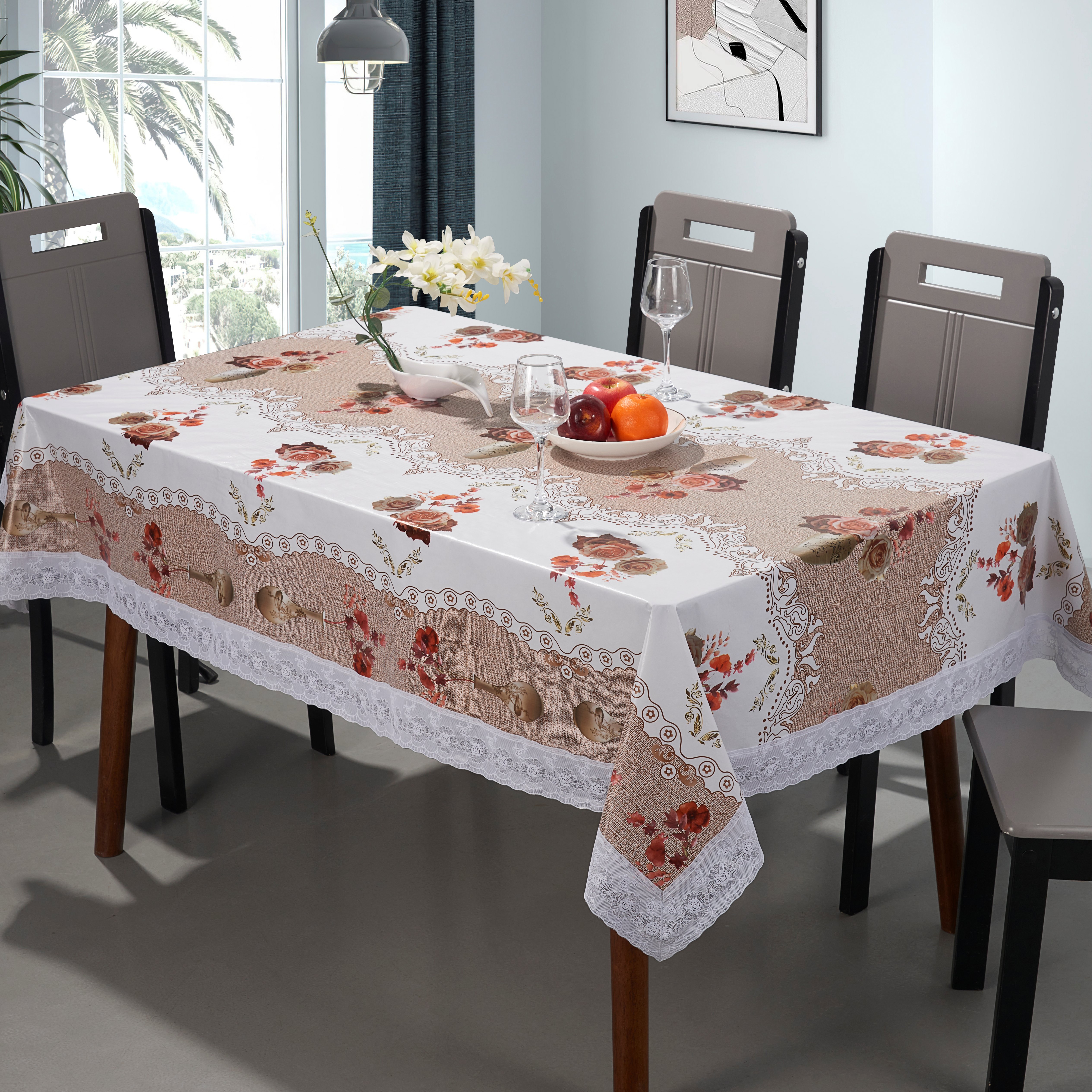 PVC Printed Tablecloth with Flannel Backing _White 3" PVC Lace Edge